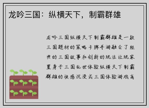 龙吟三国：纵横天下，制霸群雄